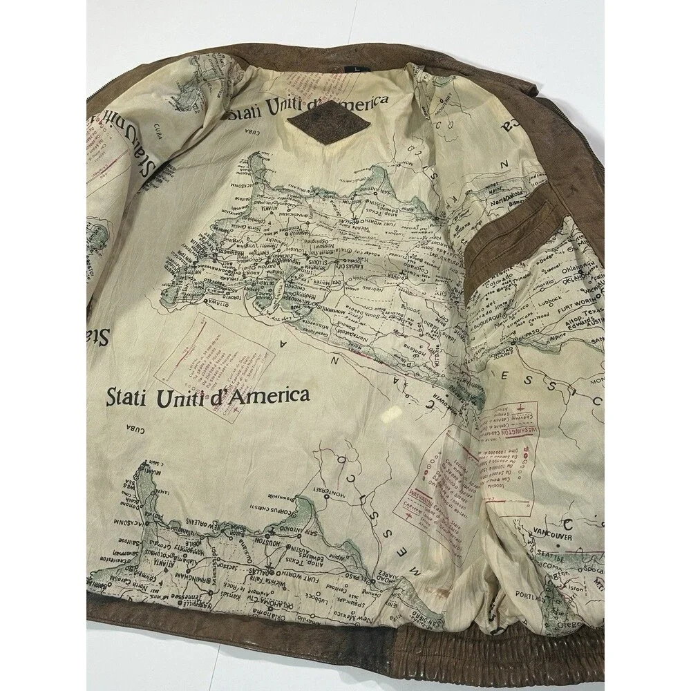 Vintage 80s Adidas Leather Jacket Distressed Patchwork Map Lined USA Men’s Large